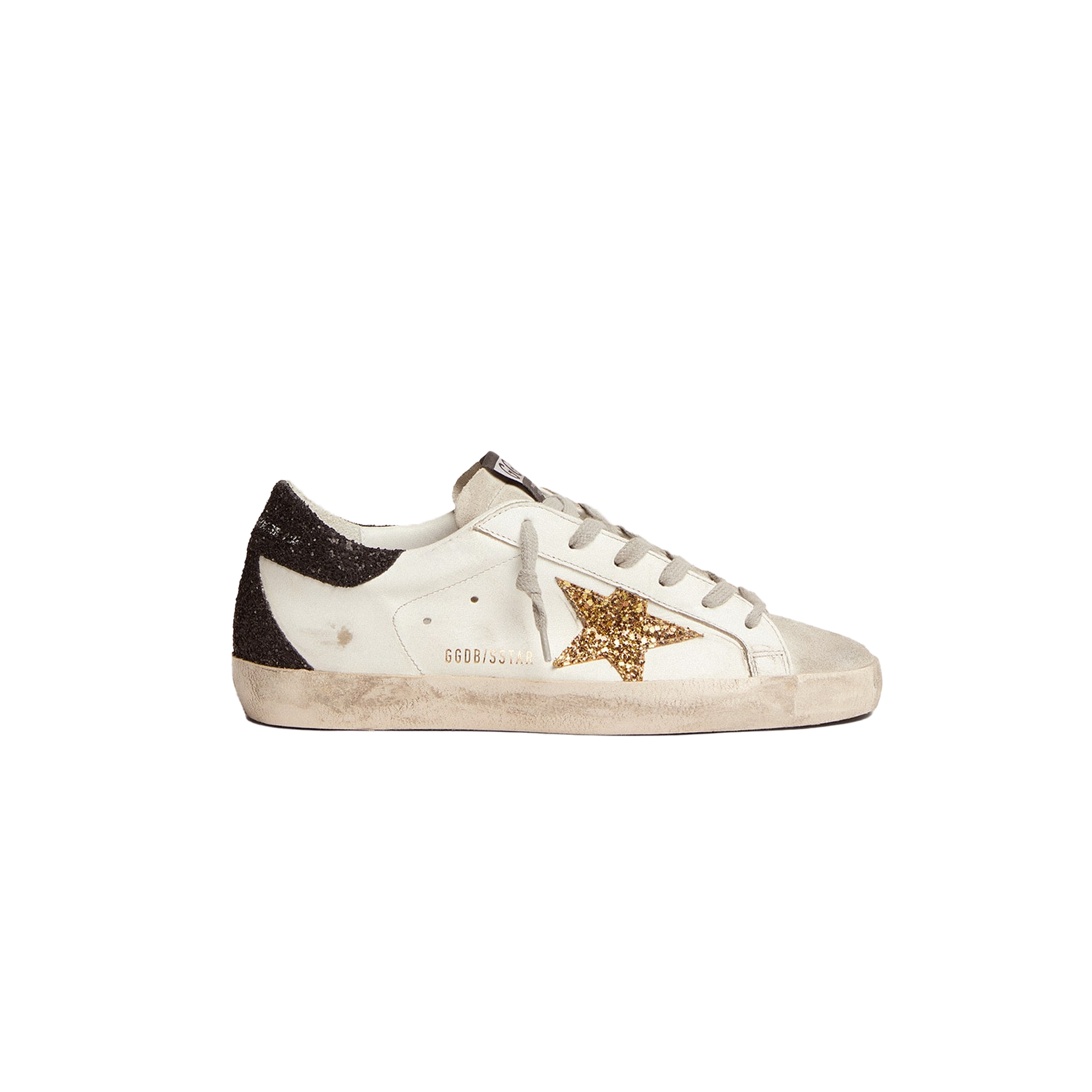 GOLDEN GOOSE WOMEN''S SUPER-STAR LTD WITH GOLD STAR AND BLACK GLITTER HEEL TAB 8050235260795